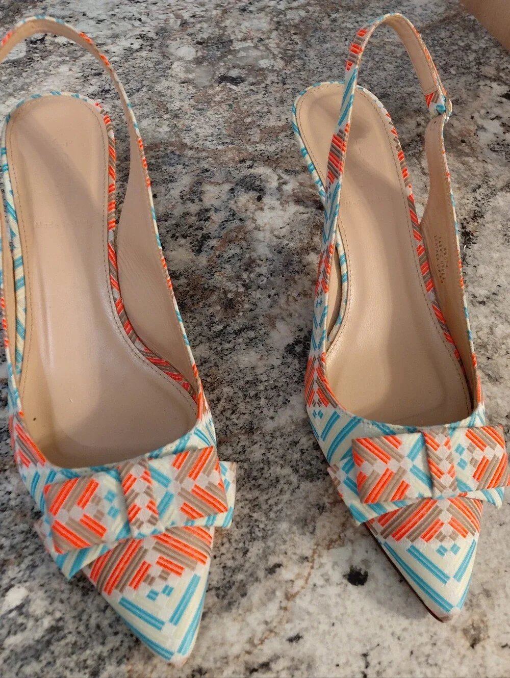 J. Crew Teal & Coral Leather Slingback Heels With A Bow